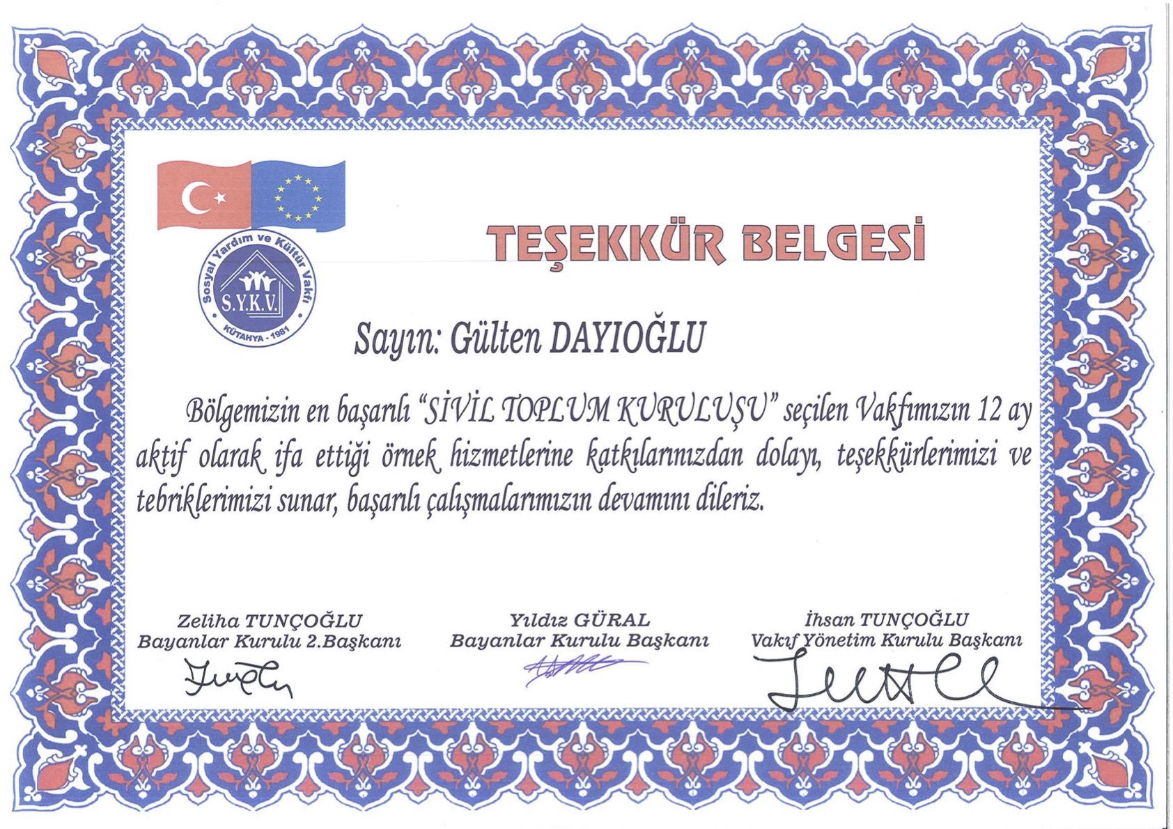 Sosyal Yardım ve Kültür Vakfı'ndan Teşekkür Belgesi